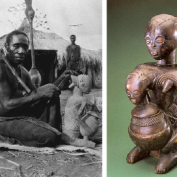 Kitwa-Biseke, célèbre sculpteur sur bois des Kashbichi à qui l'on attribue le bol anthropomorphe en gros plan à droite